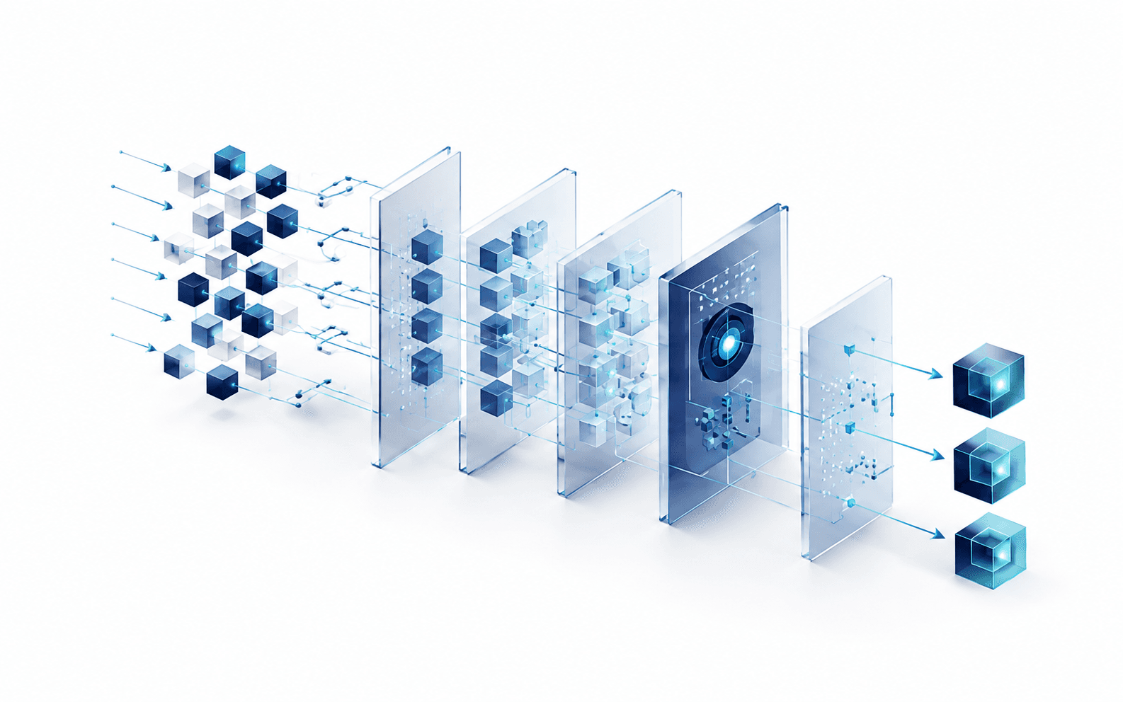 Enterprise data passing through governed logic, semantic intelligence, controlled AI interpretation, and trusted business outputs.